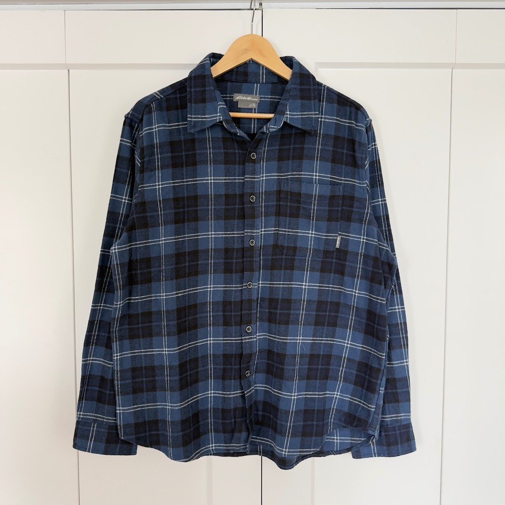 Mens Eddie Bauer Flannel Button Down Shirt XL Blue Black Plaid 98% Cotton